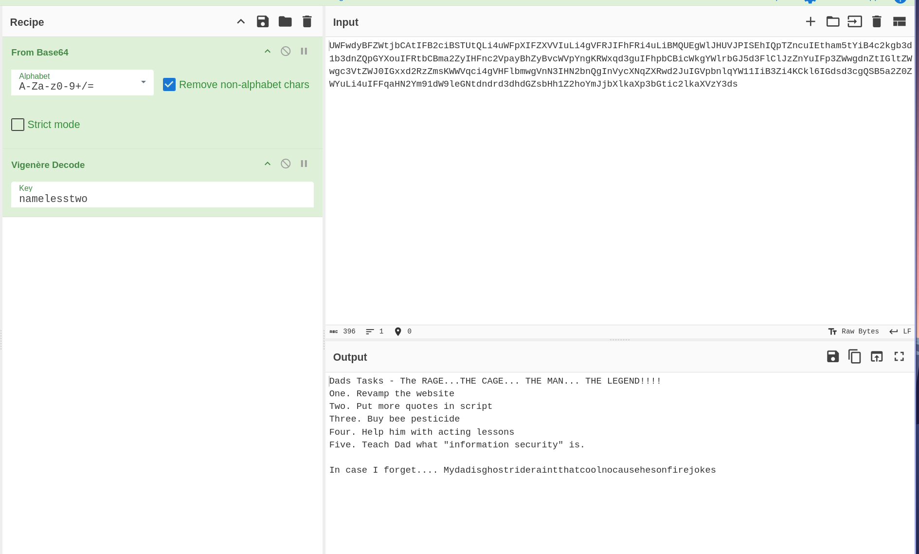CyberChef Vigenère decryption result